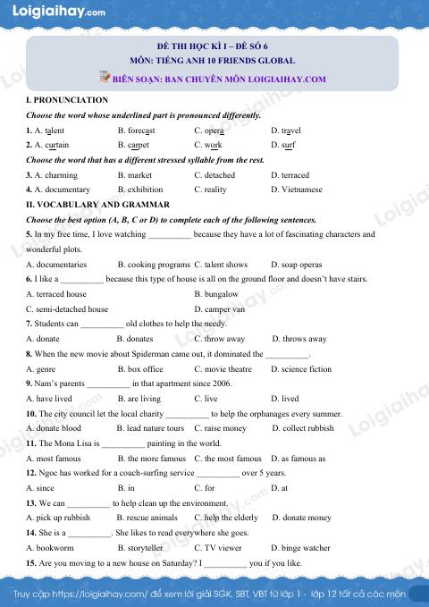 Đề thi học kì 1 Tiếng Anh 10 Friends Global - Đề số 6